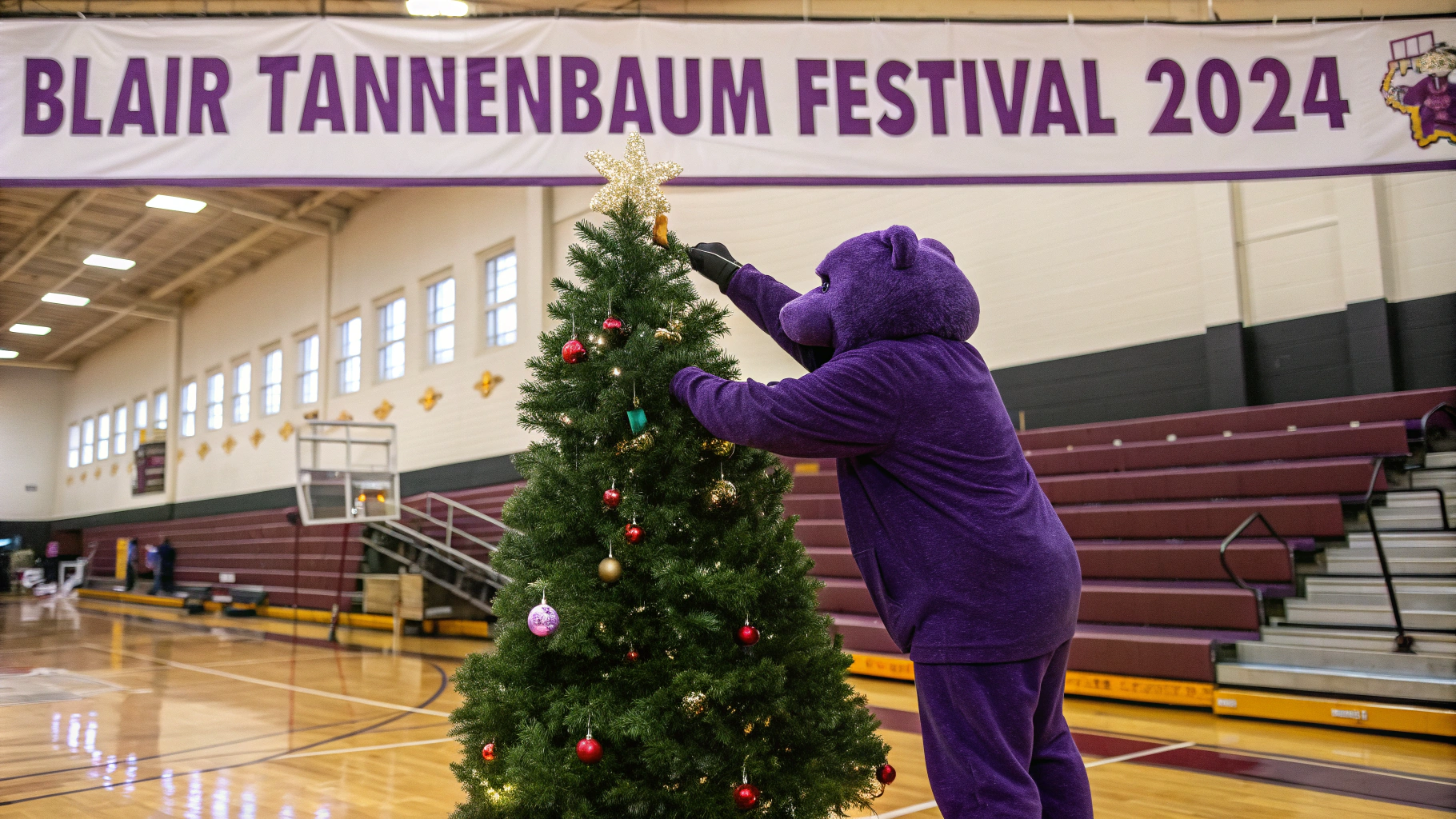 AI generated image by Red Panda AI: purple bear puts an ornament on a christmas tree.  this is in a highschool gym.  there is a banner that reads "Blair Tannenbaum Festival 2024"