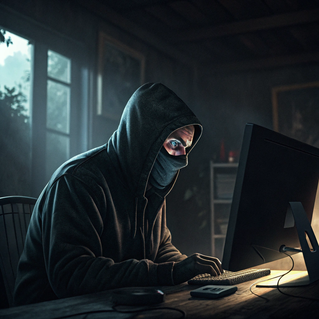 AI generated image by Red Panda AI: hombre enmascarado con una computadora en una habitación tétrica amenazando desde su computadora  