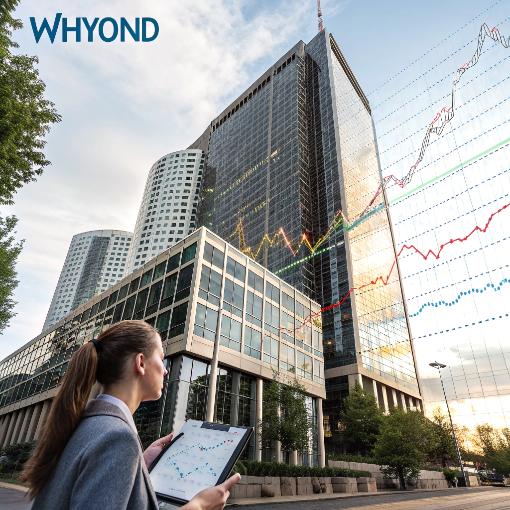 AI generated image by Red Panda AI: A high-resolution photograph of a company building from which unorganized data streams flow into a female financial analyst's dashboard, which transforms these data streams into a directed acyclic graph of nodes and directed arrows that visualize cause-and-effect relationships between economic factors. From this graph, the dashboard creates a risk analysis of global risks such as financial crises or market crashes. At the top of this photo 'Whyond' is displayed
