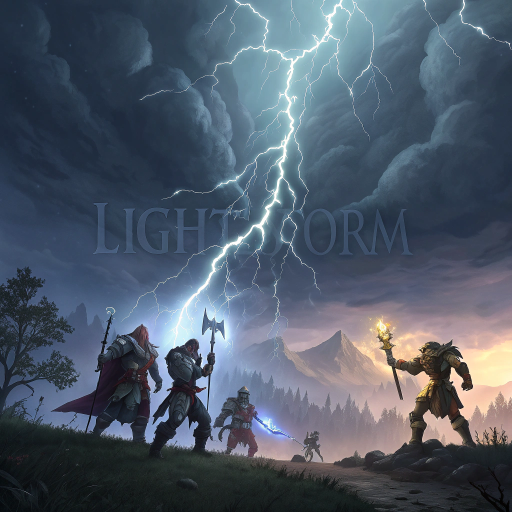 AI generated image by Red Panda AI: "An epic fantasy scene depicts a powerful, light-infused storm in the distance, with lightning piercing through dark clouds. In front of the storm stands a group of heroes clad in various fantasy armor and wielding unique weapons, ready for battle. The lightning illuminates their faces and silhouettes, and each member strikes a powerful pose, symbolizing strength and unity. The background is mystical, inspired by the World of Warcraft style, with light effects and intricate details, capturing the 'Lightstorm' guild as a legendary and formidable force in the game.And get text Lightstorm on the centar of picture with some cool WoW font."

