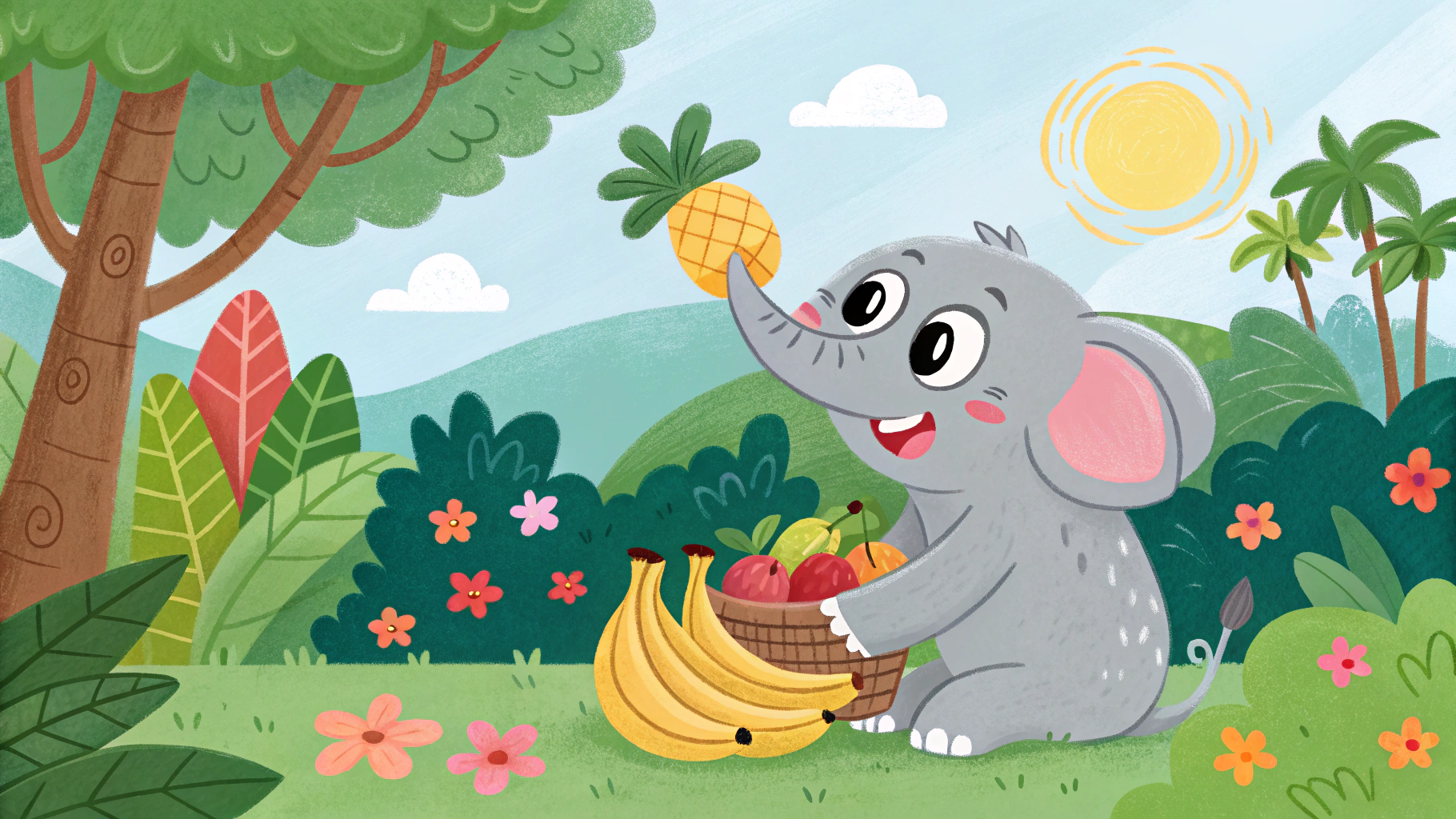 AI generated image by Red Panda AI: Cartoon-style elephant happily eating tropical fruits like bananas and mangoes in a colorful jungle. Lush green trees, bright flowers, and a sunny sky create a playful vibe. The elephant is cute, with big eyes, a joyful smile, and fun, child-friendly details.