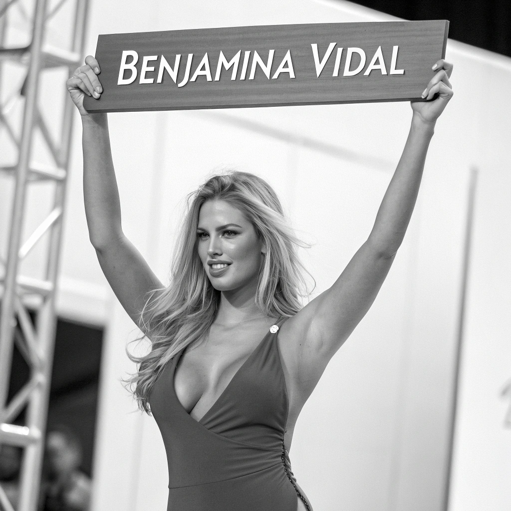AI generated image by Red Panda AI: haz una mujer rubia sexy y voluptuosa que tenga de nombre "Benjamina Vidal", sosteniendo un cartel con ese nombre arriba de su cabeza. Tiene un vestido apretado con escote