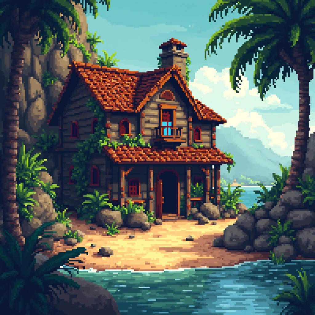 AI generated image by FLUX.1-pro: pueblo estilo monkey island con pixel art