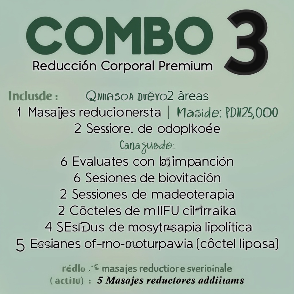 AI generated image by FLUX.1-pro: Combo 3 - Reducción Corporal Premium
Precio: RD$12,500

Incluye:

6 Masajes reductores (2 áreas).
1 Evaluación con bioimpedancia.
2 Sesiones de cavitación.
6 Sesiones de maderoterapia.
2 Cócteles de mesoterapia lipolítica.
2 HIFU corporal (2 áreas).
5 Sesiones de mesoterapia lipolítica (cóctel lipasa).
Regalo:

5 Masajes reductores adicionales.