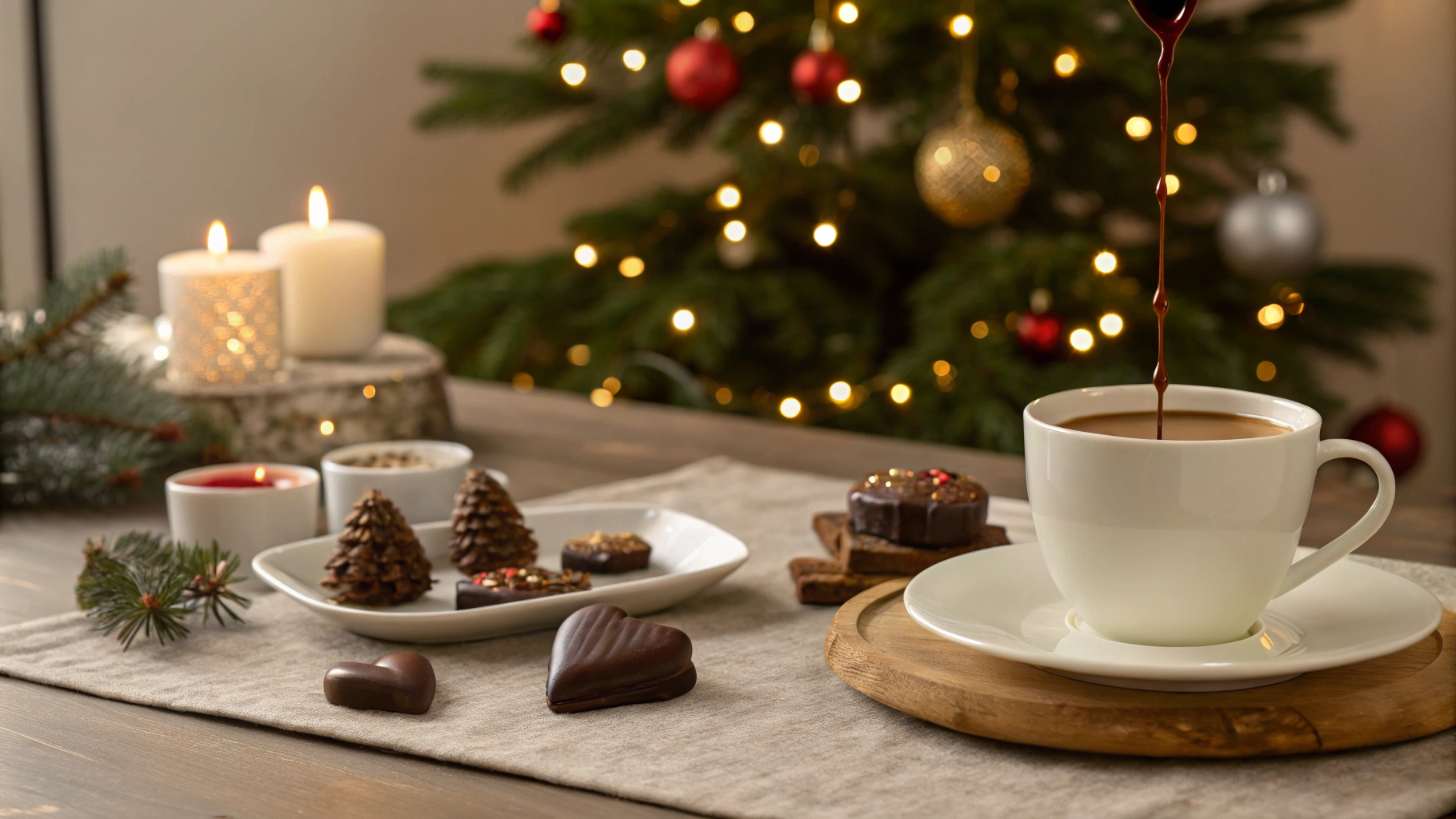 AI generated image by Red Panda AI: realistic photo, beautiful A cup of aromatic coffee with a chocolate heart flowing out of it, a beautifully set Christmas table and a Christmas tree in the background