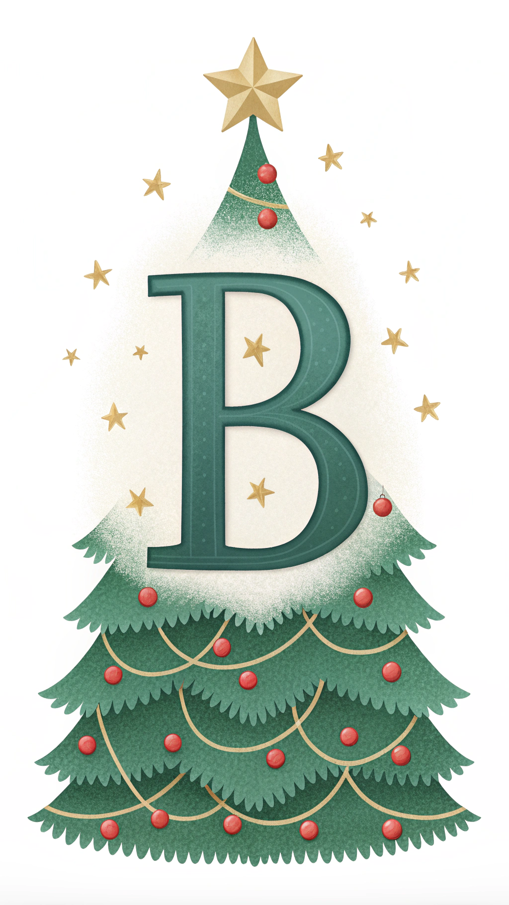 AI generated image by Red Panda AI: Create a single, large capital letter 'B' stylized to resemble a Christmas tree silhouette. Adorn it with subtle green and red festive decorations and place a small golden star at its top. Use a clean white background with a minimalistic look, and no additional text or elements. --no words