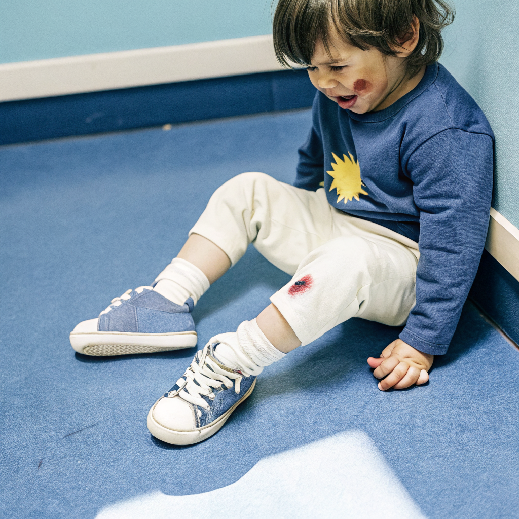 AI generated image by Red Panda AI: Genera una imagen en la que aparezca un niño de unos 3 años sentado en el suelo con una herida en la rodilla.
El niño tiene que estar llorando.
Lleva una camiseta azul con un sol amarillo dibujado, unos pantalones blancos y unas zapatillas azul y blancas.
