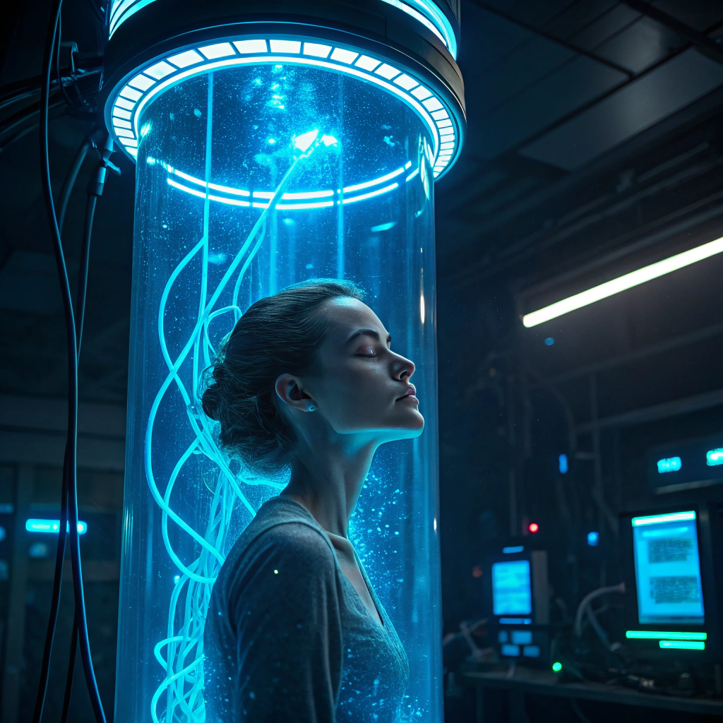 AI generated image by Red Panda AI: "A 4K ultra-high-definition hyper-realistic photograph of a futuristic cyberpunk laboratory. At the center of the scene, a beautiful woman is enclosed in a large glass tube filled with luminous blue liquid. The tube is surrounded by intricate neon-lit wires and conduits, which appear to be interacting with her body. The woman is serene, her eyes closed, as if in stasis or part of an advanced experiment. The background features a dimly lit research facility, filled with holographic interfaces, robotic arms, and glowing panels, emphasizing the advanced and otherworldly atmosphere."