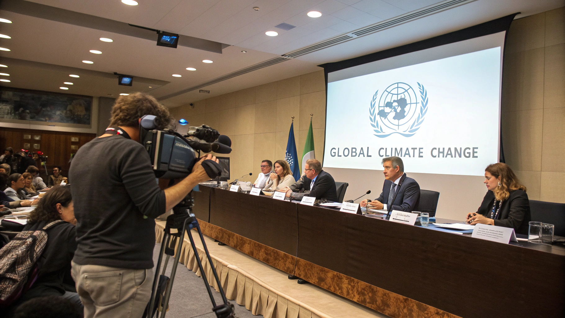 AI generated image by Red Panda AI: A press conference is underway, with nameplates of multiple guests placed on the table. A journalist is asking a question, while a camera next to them captures the slide content of the speaker. the topic of the speaker's slide shown on the camera screen is Global Climate Change.
