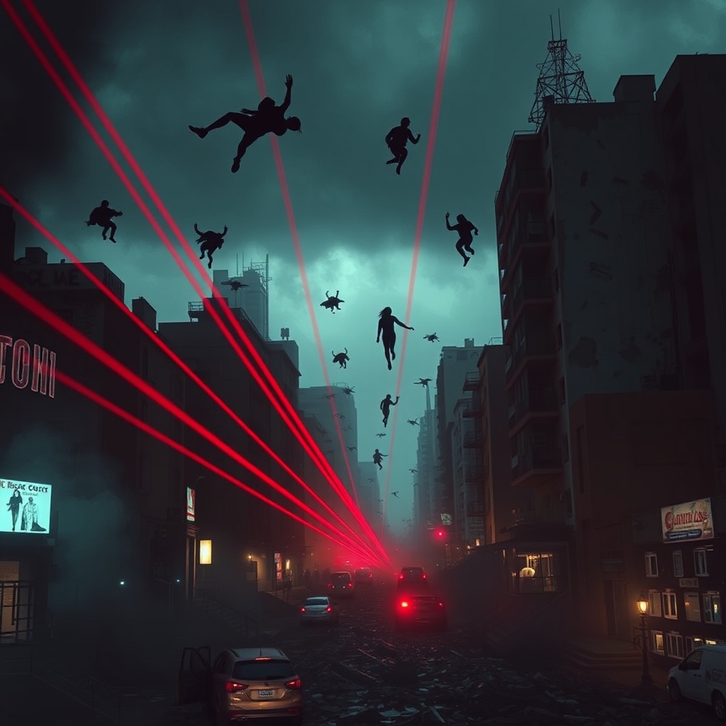 AI generated image by FLUX.1-schnell: personas volando y destruyendo con rayos lasers rojos y peligrosos en el fondo y gente huyendo asustada abajo, la ciudad completamente destruida, con atmosfera tenebrosa
