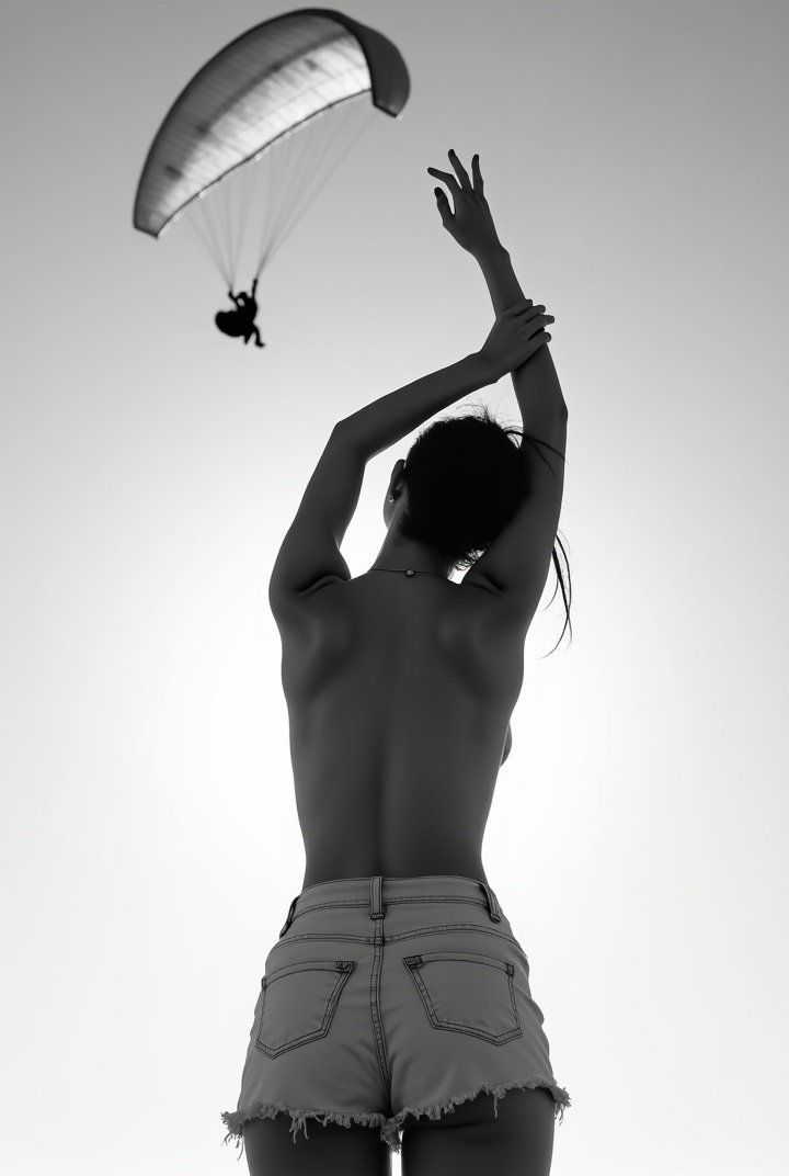 AI generated image by FLUX.1: Black and white photo of young topless bare back woman in short skirt from behind swinging her bra in her Stretched up hand above. a paraglider flying above her. Sky background. Backlight