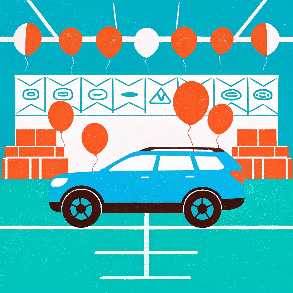 AI generated image by Red Panda AI: a blue SUV car in an indoor parking lot with Black friday promotion signs and red balloons