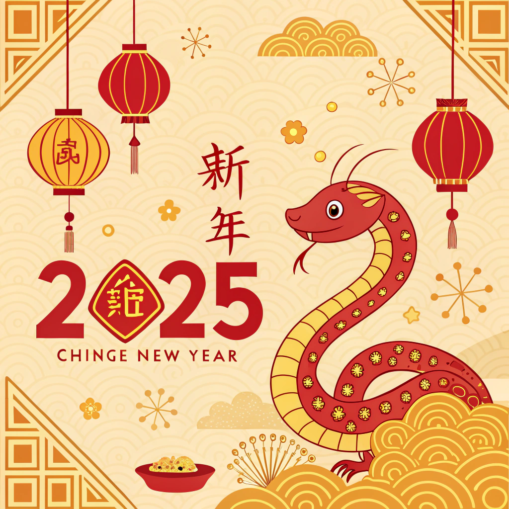 AI generated image by Red Panda AI: 請畫一張2025年新年海報，要有喜氣感，且符合蛇年的祝福