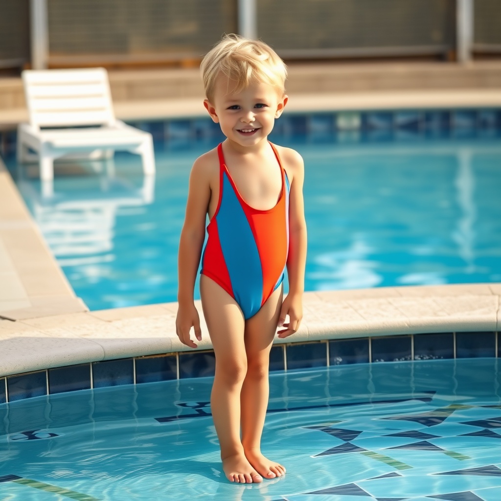 AI generated image by FLUX.1-schnell: 10 year old blond boy barefoot in girl swimsuit standing next to swimming pool