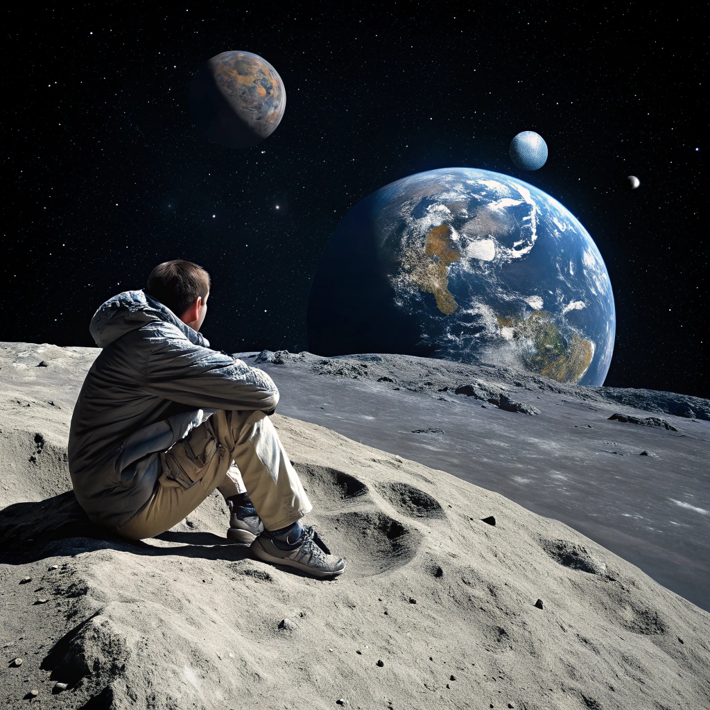 AI generated image by FLUX.1-schnell: a man is sitting on the moon, covering almost the whole moon with his body, there is earth in the background with other planets in space, but one planet is missing. Hyperrealastic, realism