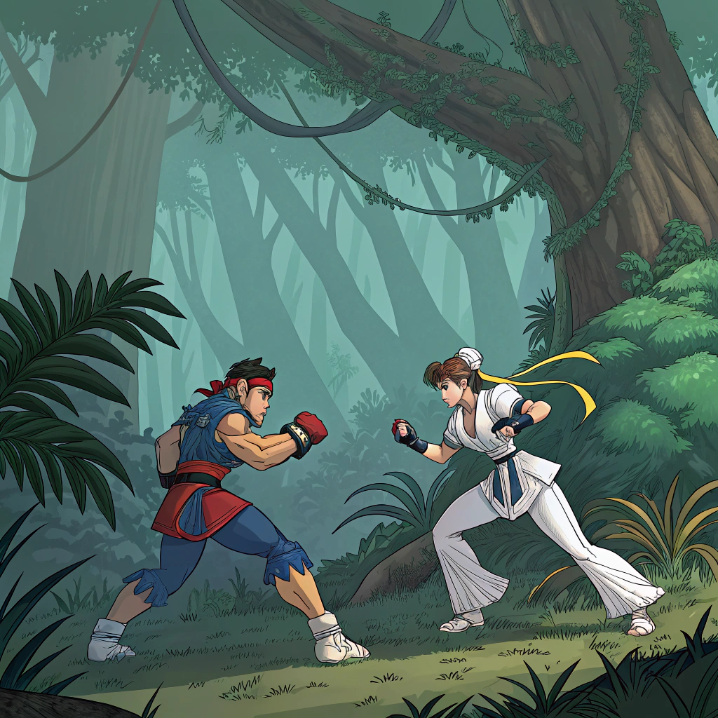 AI generated image by Red Panda AI:  Video games charters Steet fighter fight in jungle 