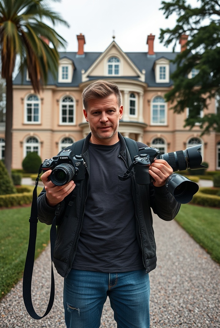 AI generated image by FLUX.1-schnell: a realistic photo of a photographer holding two DSLR cameras, standing in front of a mansion