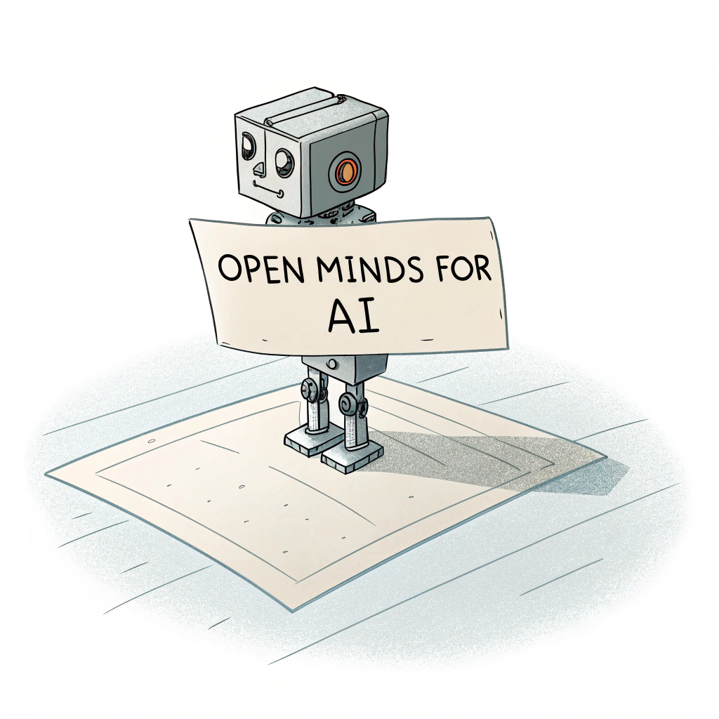 AI generated image by Red Panda AI: a cube robot with a sheet, text "open minds for ai "