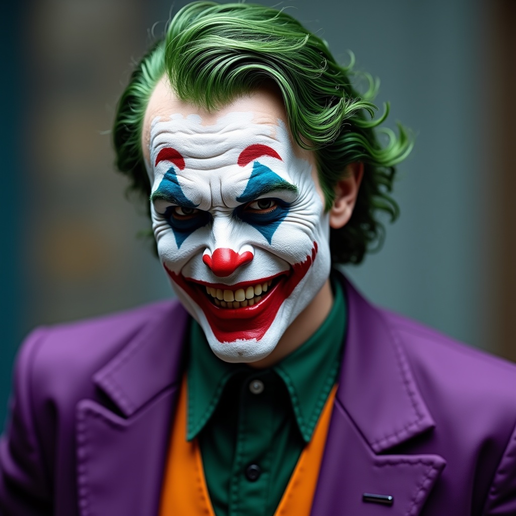 AI generated image by FLUX.1: DC the joker with short green hair wearing a purple suit with an evil smile, 
