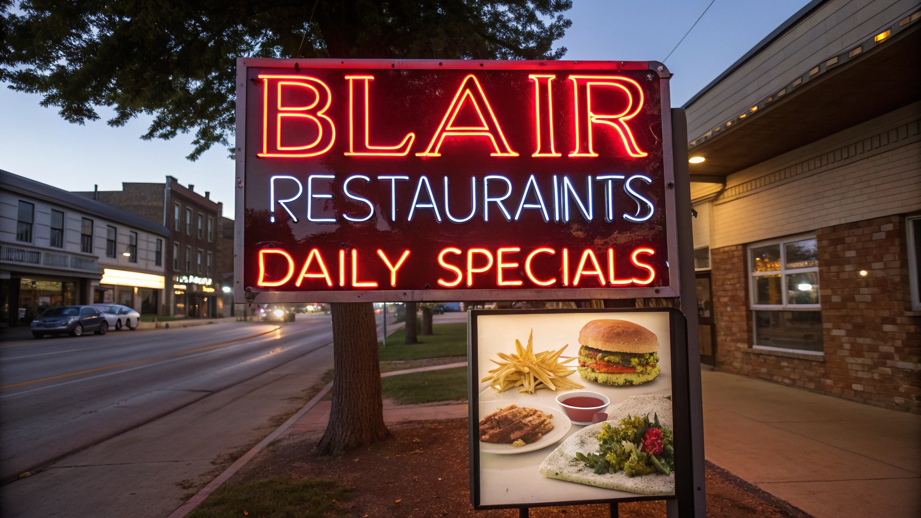 AI generated image by Red Panda AI: menu-inspired neon sign reads "Blair Restaurants Daily Specials", burger and fries.  Soda and salad.  Small town blair, nebraska 
