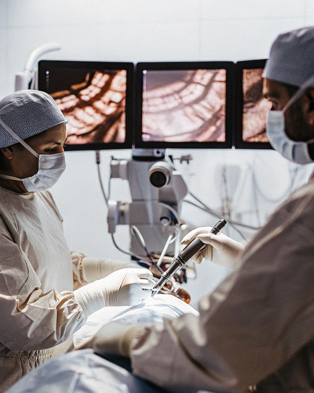 AI generated image by Red Panda AI: A team of surgeons performing a delicate procedure using robotic surgical equipment in a high-tech operating room. The scene shows small incisions being used, with robotic arms equipped with precision instruments working on the patient. The surgeons are focused and dressed in full sterile attire, including scrubs, gloves, and masks. Large monitors display detailed magnified visuals of the internal operation. The operating room is brightly lit, with a modern and sterile design, highlighting advanced medical technology and a professional atmosphere.