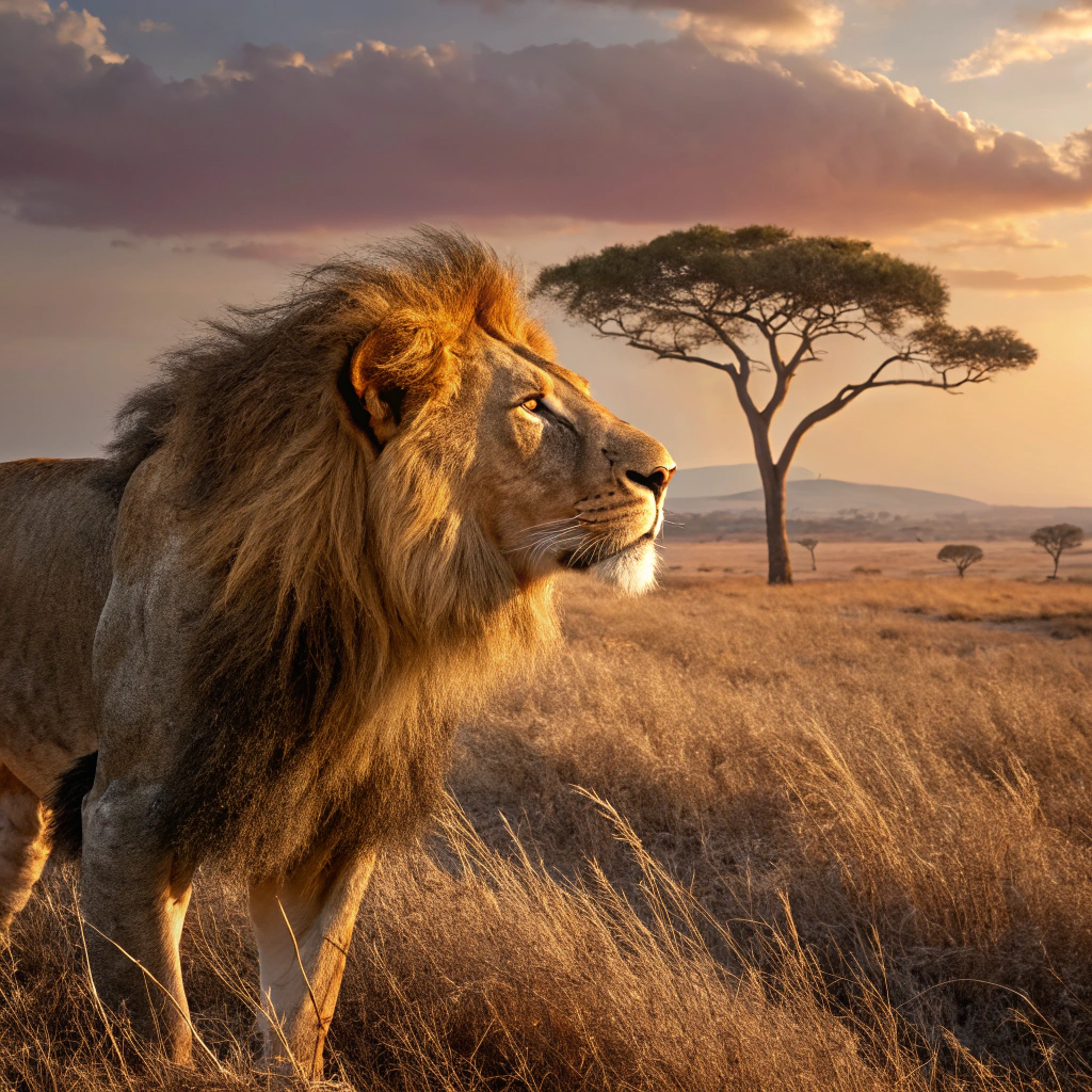 AI generated image by Red Panda AI: Photograph of a majestic male lion in the African savanna, captured in the style of National Geographic. The lion has a golden mane blowing slightly in the wind, with a powerful, calm gaze looking towards the horizon. The warm light of the golden hour bathes the scene, highlighting the lion's fur and casting long shadows on the dry grass. In the background, acacia trees and the vast plains stretch into the distance. The sky is a mix of soft pink and orange hues, creating a serene and dramatic atmosphere. Detailed and realistic, capturing the wild beauty of the African landscape