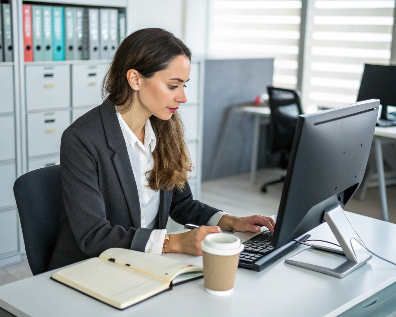 AI generated image by Red Panda AI: In an office, a female employee is working at her computer. On the desk, there is a notebook and a cup of coffee. In the background, there are file cabinets and office chairs. She is wearing professional attire, and her facial features are clearly visible as she types attentively.