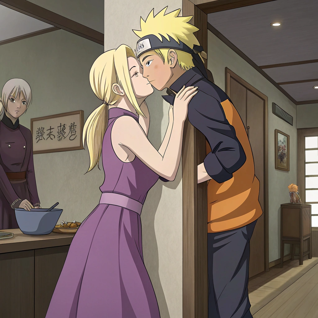 AI generated image by Red Panda AI: Ino yamamka wearing a purple dress is passionately kissing naruto against a wall while hinata hyuuga is cooking in the next room