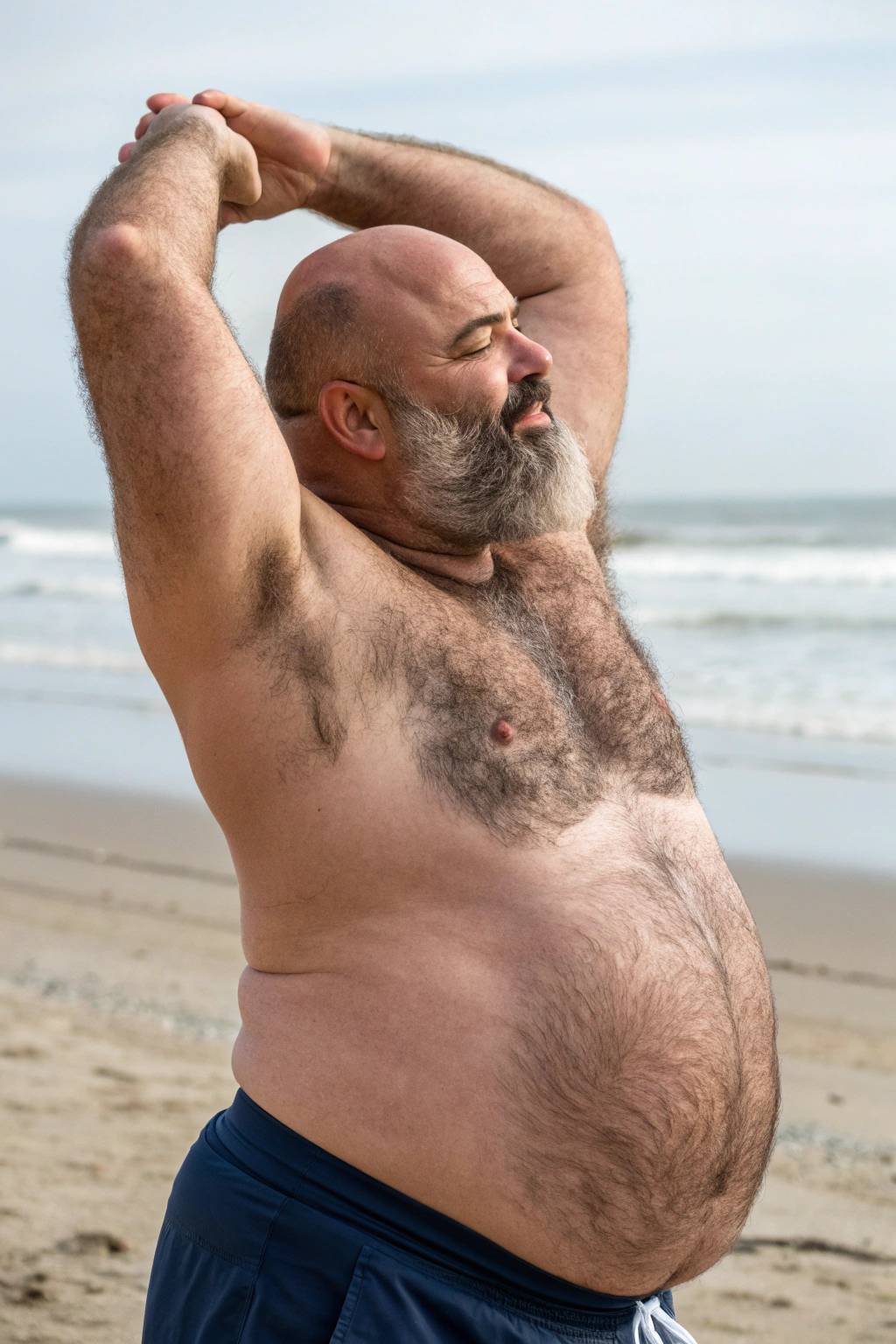 AI generated image by Red Panda AI: a bulky and slightly overweight 50 year old hirsute butcher at the beach stretching. Man has heavy amount of body hair, hairy chest pattern, expanding his bloated heavy bearded-belly, bald head, brown and white goatee