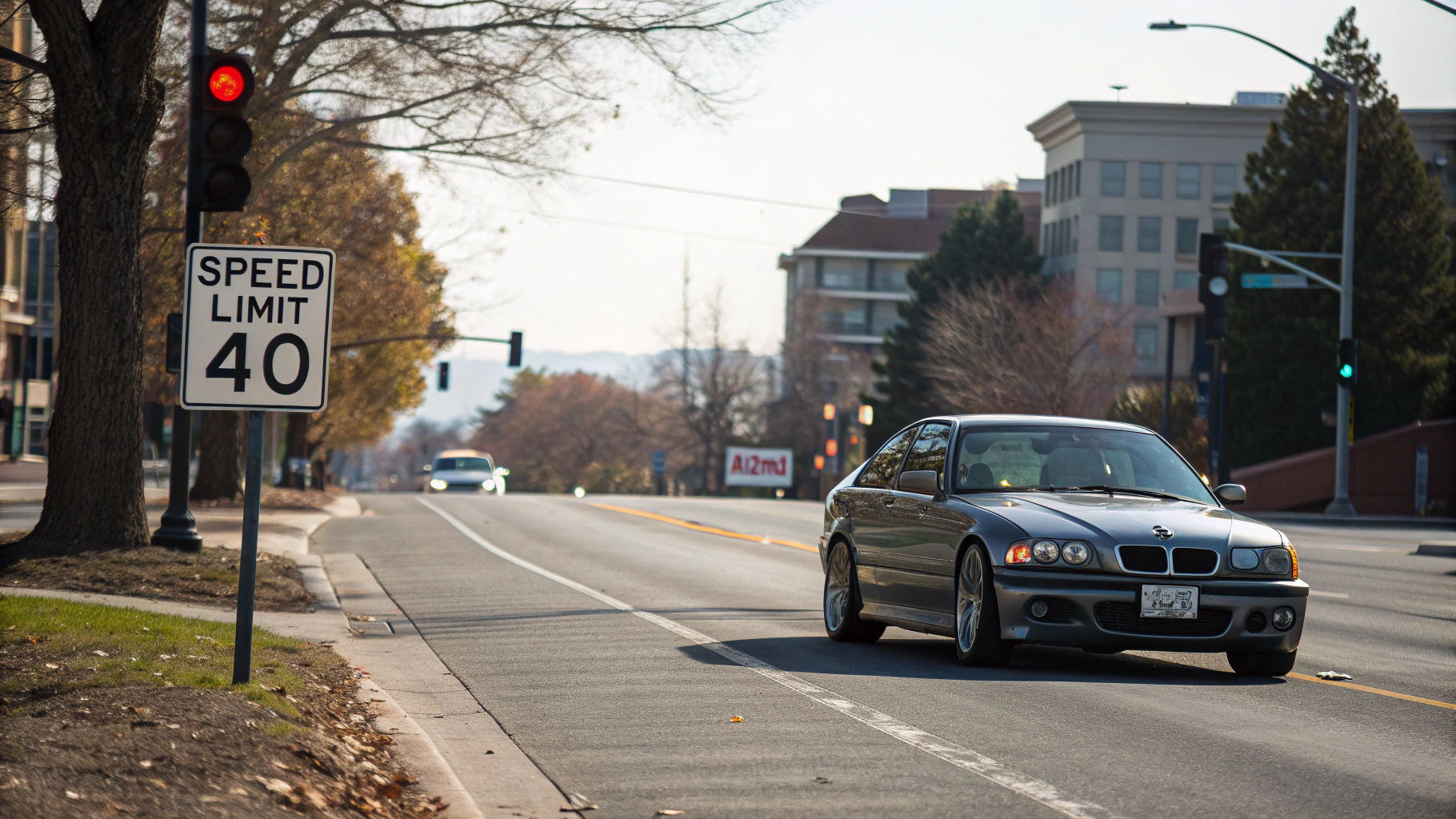AI generated image by Red Panda AI: A realistic street scene during daytime with one car on the road. The car has visible logo BMW and license plate A12MD. On the side of the road, there is a traffic light and a road sign that clearly reads 'SPEED LIMIT 40'.