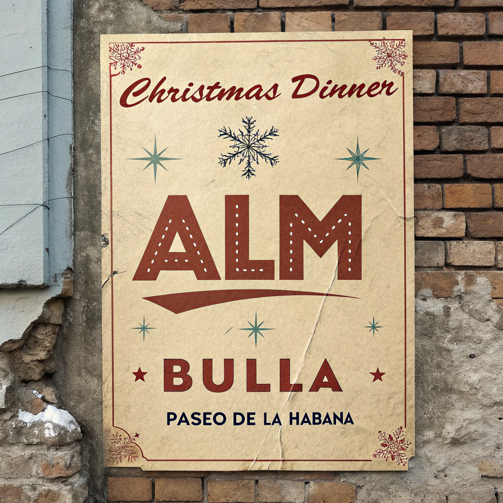 AI generated image by Red Panda AI: Aquí tienes el prompt que usé:

> "A realistic, vintage-style concert poster for a Christmas Dinner event for ALM, inspired by the look of an old, worn concert poster with one corner peeling off. The poster has classic typography, faded colors, and a slightly distressed, festive look, with holiday elements like subtle snowflakes. Key details include the venue 'Bulla' restaurant on Paseo de la Habana. The poster is pasted on an aged, almost crumbling brick wall for an urban, nostalgic vibe, evoking a sense of history and charm."