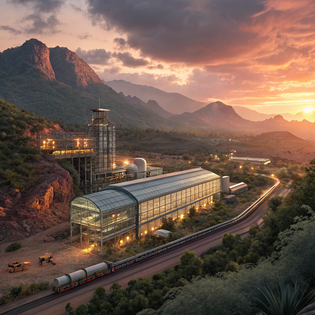 AI generated image by Red Panda AI: A futuristic landscape of a mineral processing plant at sunset, where advanced machinery and metallic structures blend with nature. Autonomous robots transport gleaming minerals between glass and steel buildings, illuminated by the warm, golden light of the setting sun. In the background, mountains and lush vegetation surround the plant, highlighting a contrast between technology and nature. The sky has dramatic clouds, reflecting the orange and pink hues of dusk. An atmosphere of peace and progress in a sci-fi setting.