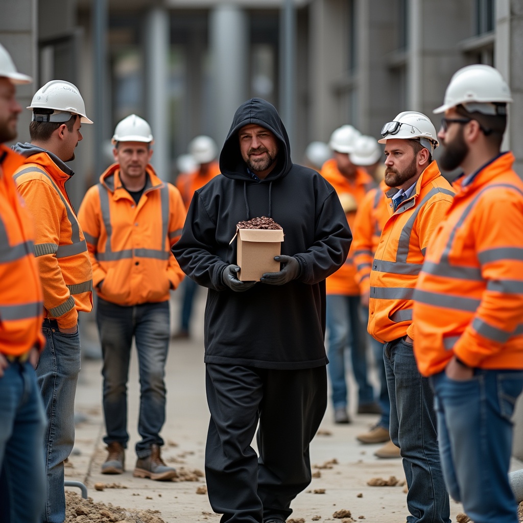 AI generated image by FLUX.1-pro: Männer auf einer Baustelle in orangefarbener HiVis Kleidung. In der Mitte ein Mensch in einem schwarzen Hasenkostüm der einen Korb mit Schokolade hält. 