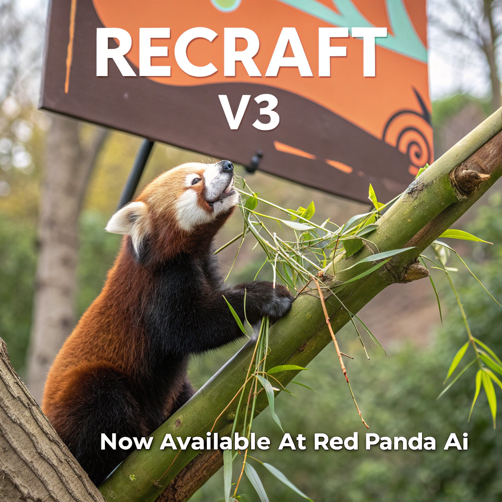 AI generated image by Red Panda AI: a red panda eating a bamboo in front of a poster that says "recraft V3 now available at red panda ai