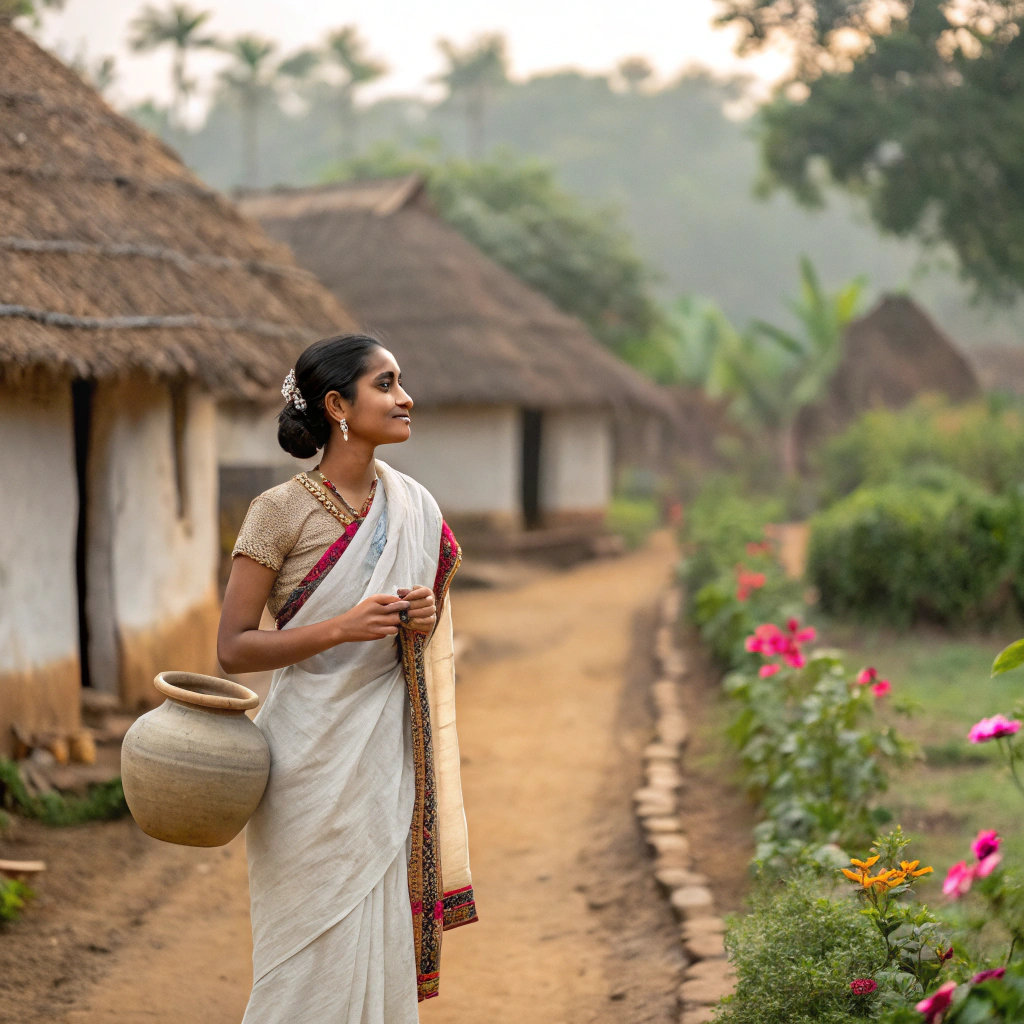 AI generated image by Red Panda AI: A beautiful white skinned indian girl in traditional dress in a village with a pitcher in her hand 