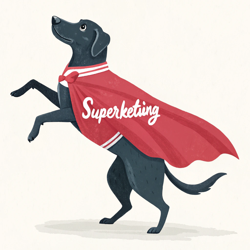 AI generated image by Red Panda AI: una capa de super heroe para perro que esta parado en 2 patas de color negro con letras blancas que digan superketing 