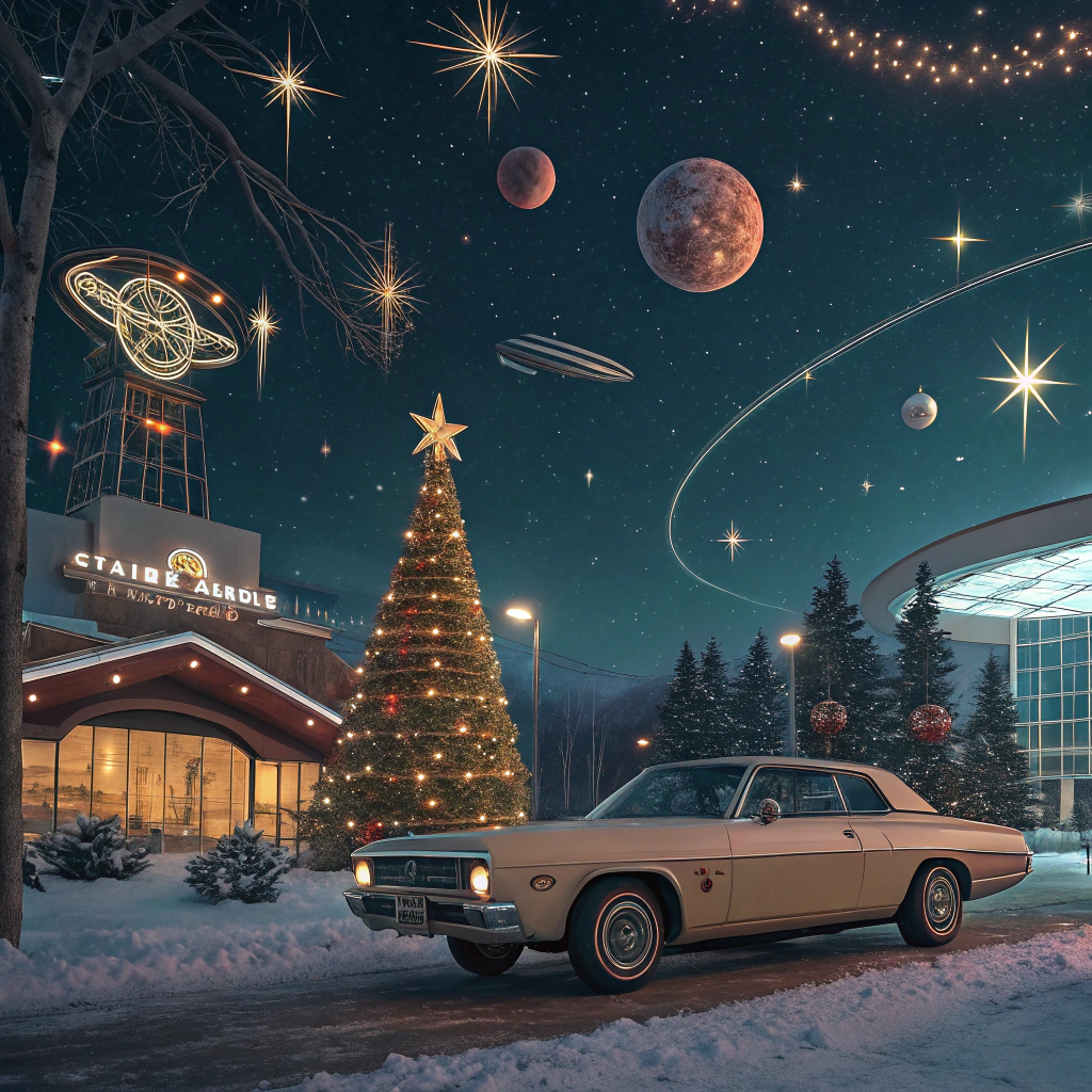 AI generated image by Red Panda AI: Estilo ultra realista de preciosa portada de un  libro de cuentos de Navidad con estilo y estética de 1970s con temática fantástica de astros, estrellas, astrofísico, objetos navideños, luces, estrellas,  retro futurista de 1970s, estilo cinematográfico, bonita iluminación de escena