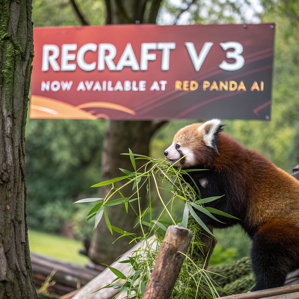 AI generated image by Red Panda AI: a red panda eating a bamboo in front of a poster that says "recraft V3 now available at red panda ai