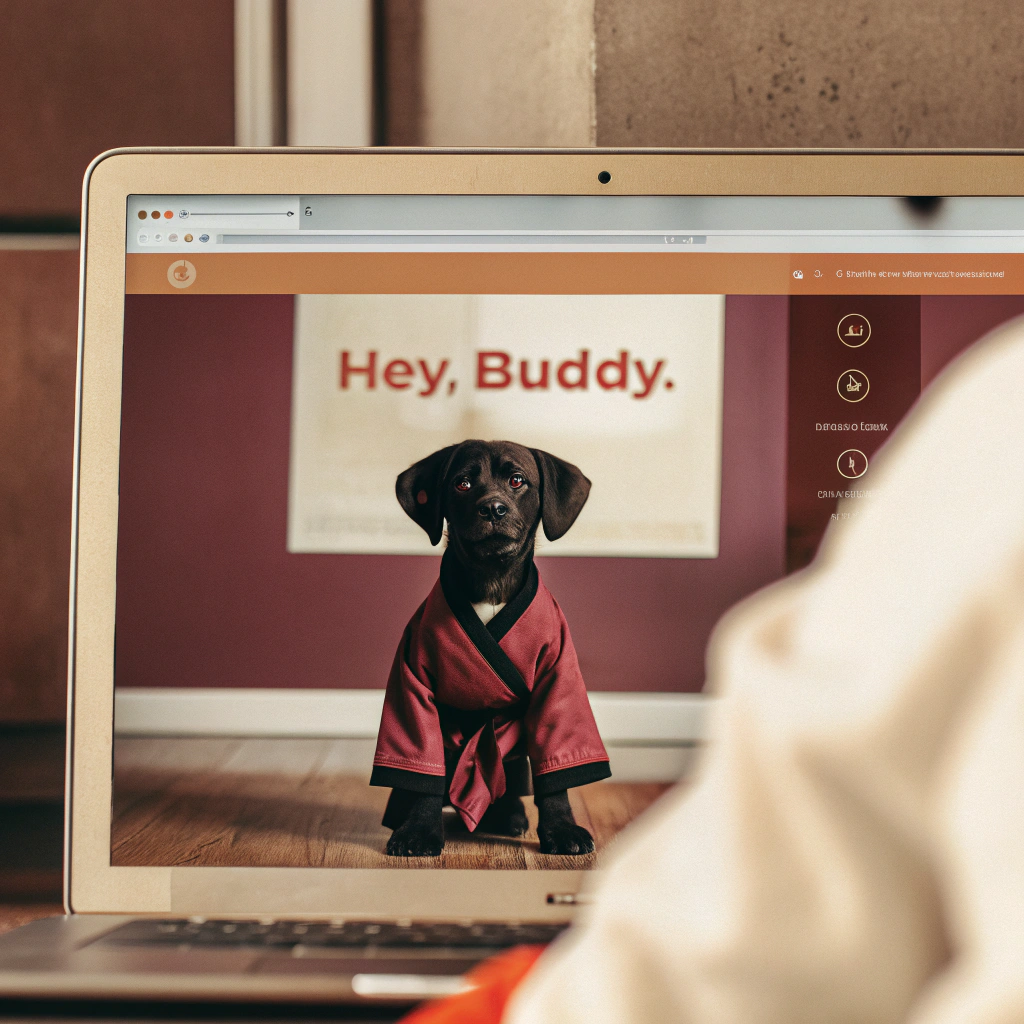 AI generated image by Red Panda AI: Design a playful, professional website for the pet supplement brand 'Hey, Buddy,' which specializes in joint health and mobility support for pets. The website should feature a vibrant, inviting color palette, including soft pastels like pink, yellow, and teal, with bold, contrasting accents in dark blue or black for a dynamic look. The homepage should prominently display the brand’s charismatic black puppy mascot in a karate gi, exuding energy and health, to convey the benefits of joint support supplements.