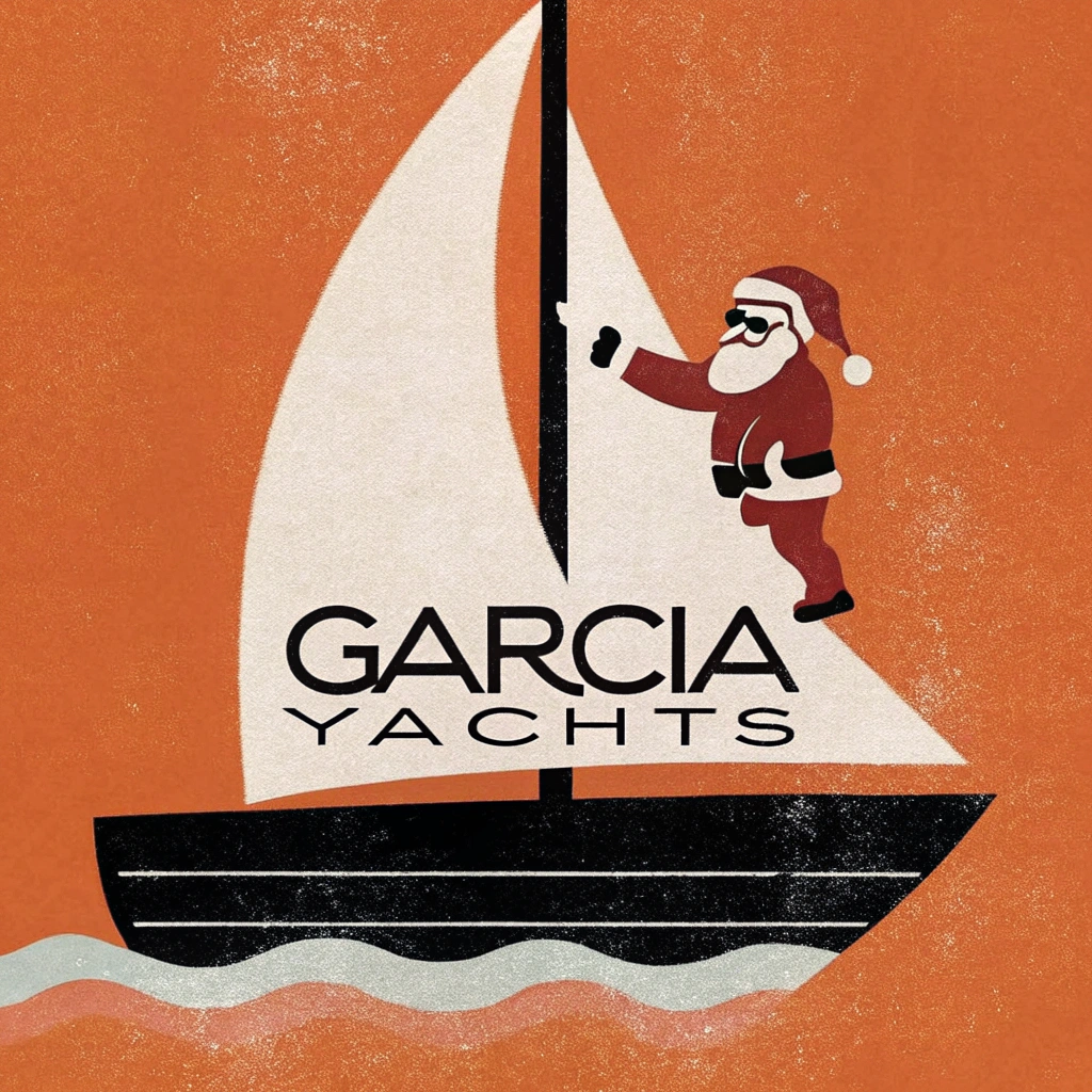 AI generated image by Red Panda AI: un père noël qui se déplace sur un bateau à voile de la marque Garcia Yachts 
