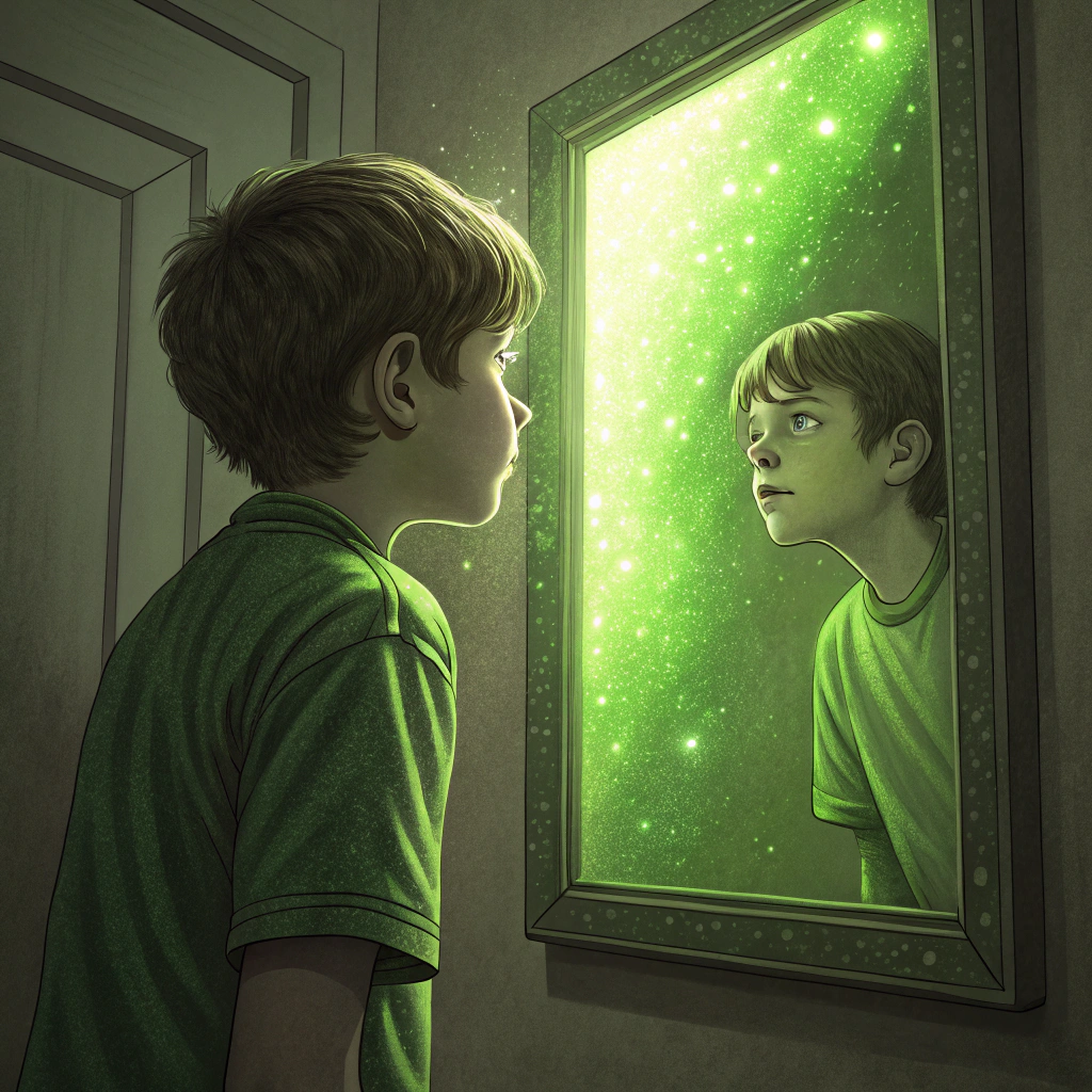 AI generated image by Red Panda AI: Un niño de diez años mirando un espejo, el cual esta generando una luz verde color lima densa. 