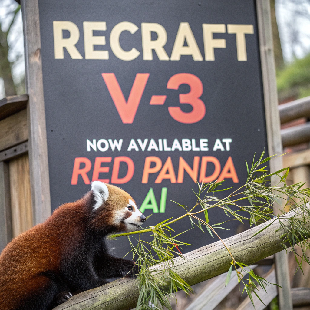 AI generated image by Red Panda AI: a red panda eating a bamboo in front of a poster that says "recraft V3 now available at red panda ai