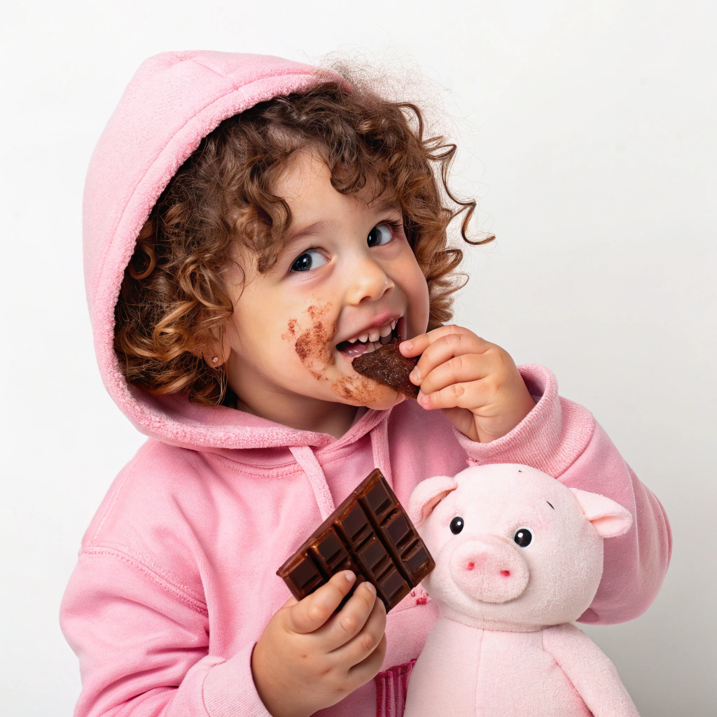 AI generated image by Red Panda AI: cree une image d une petite fille malicieuse brune aux cheveux tres bouclés avec un jogging de l om rose une peluche cochon dans les bras et des traces de  chocolat autour de la bouche 