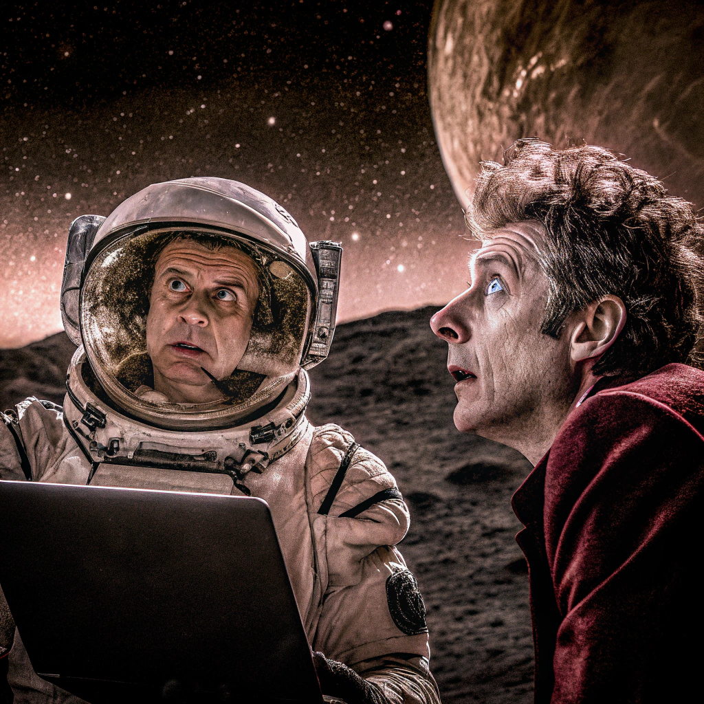 AI generated image by Red Panda AI: an anxious developper on the moon with Doctor Who