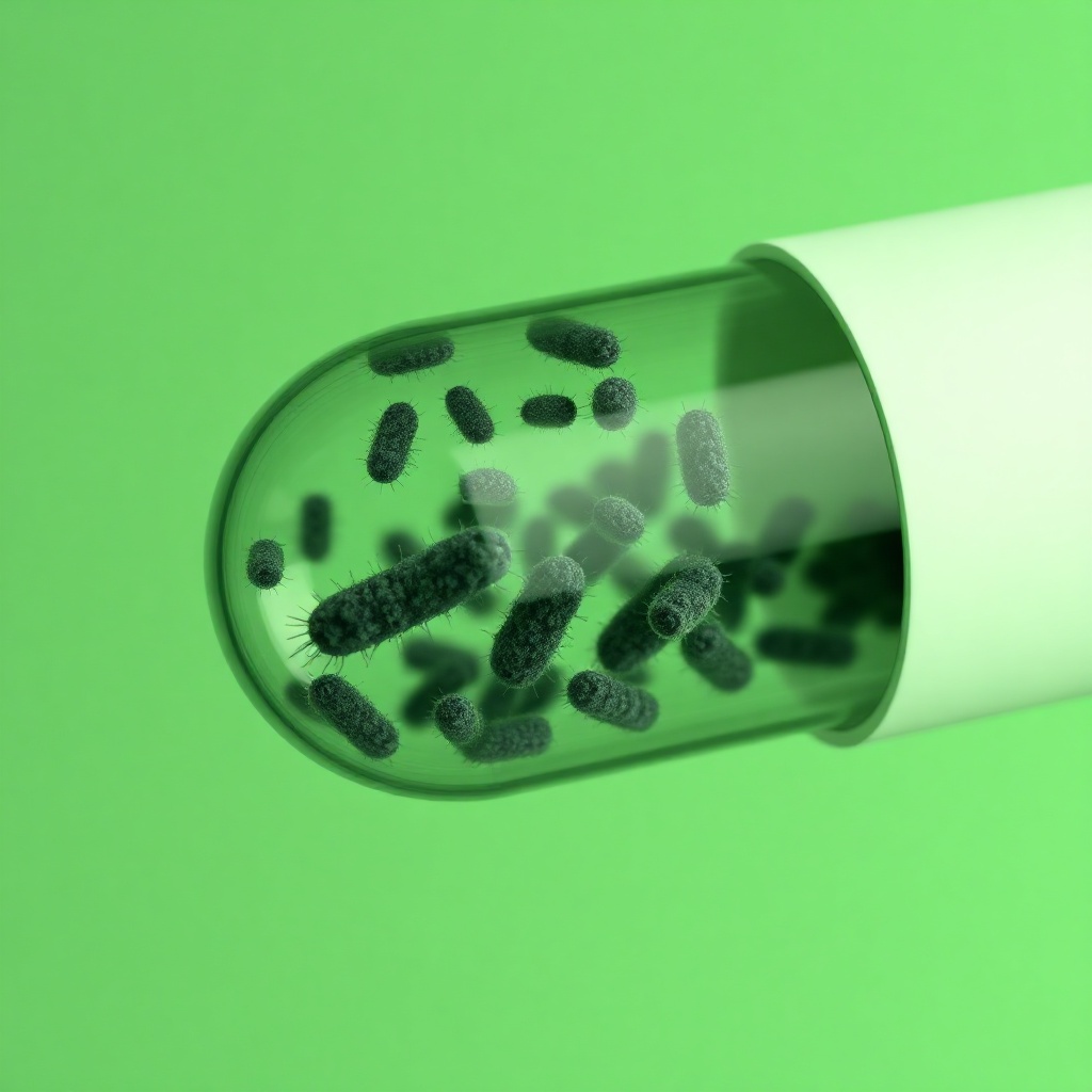 AI generated image by FLUX.1-schnell: Please create an image of a pill capsule containing bacteria that look as they would under a microscope. The image should be minimalist and in shades of green.

