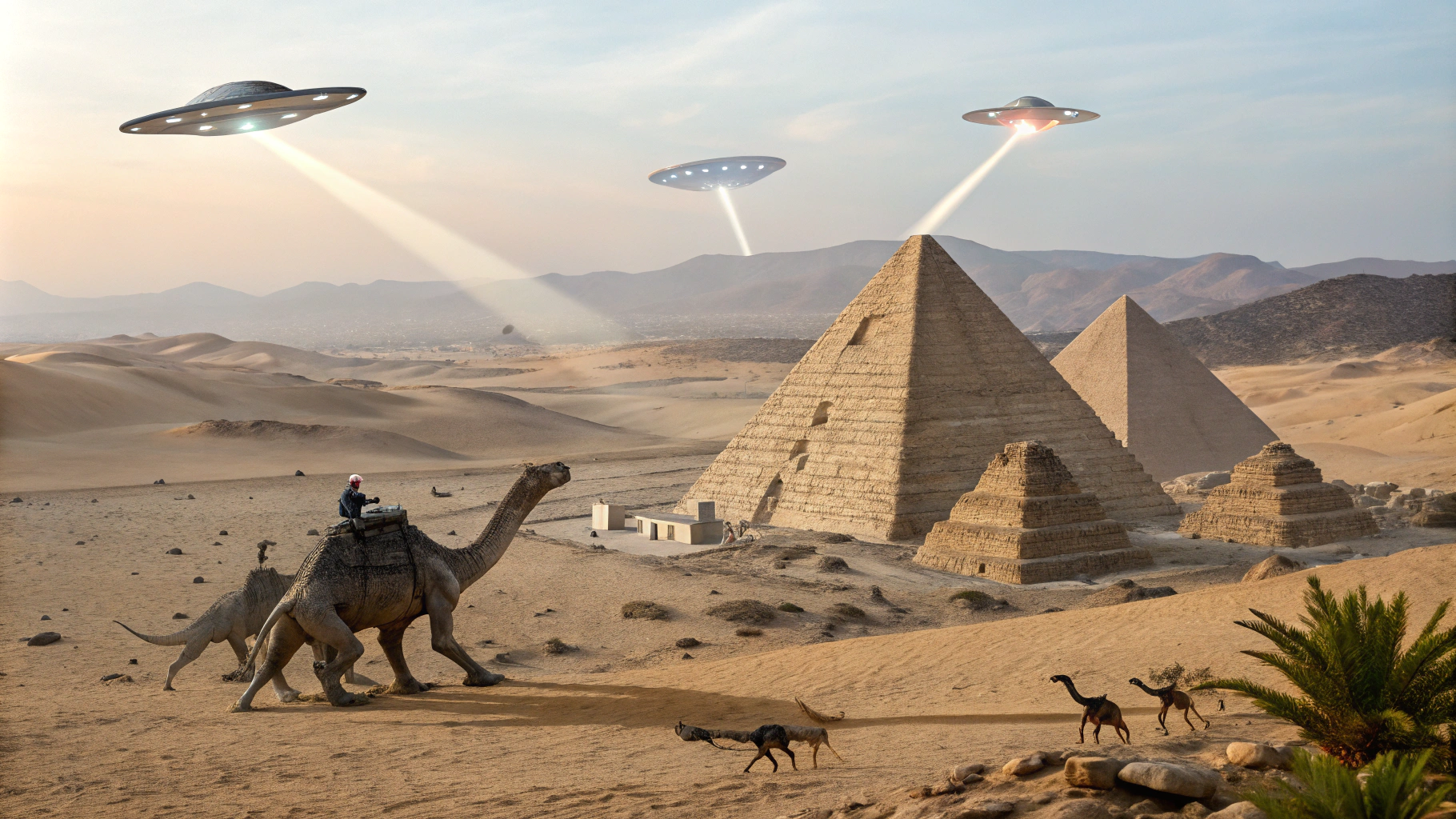 AI generated image by Red Panda AI: Create a photo realistic scene of a desert with dinosaurs building pyramids with UFOs lifting large stone blocks using their tractor beams