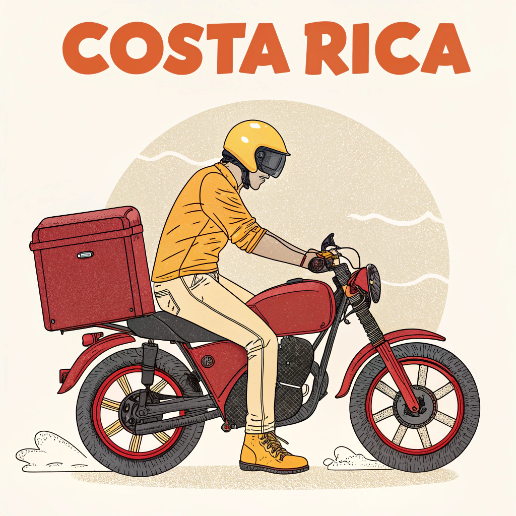 AI generated image by Red Panda AI: Quiero que diga arriba 
a todo Costa Rica
y abajo en un 25 porciento a la izquierda una moto con caja repartidora roja, moto roja y llantas tambien rojas con el conductor amarillo de sapatos, pantalon, camisa y casco amarillos