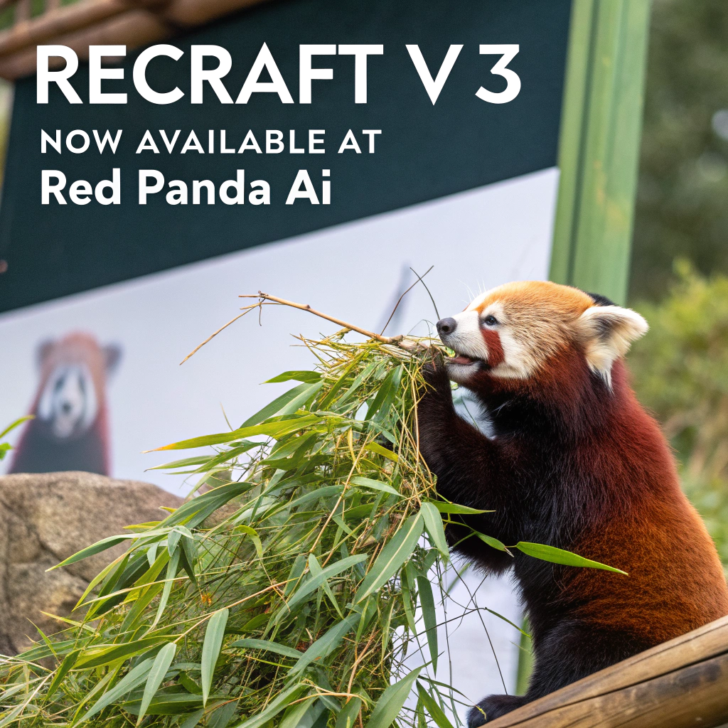 AI generated image by Red Panda AI: a red panda eating a bamboo in front of a poster that says "recraft V3 now available at red panda ai