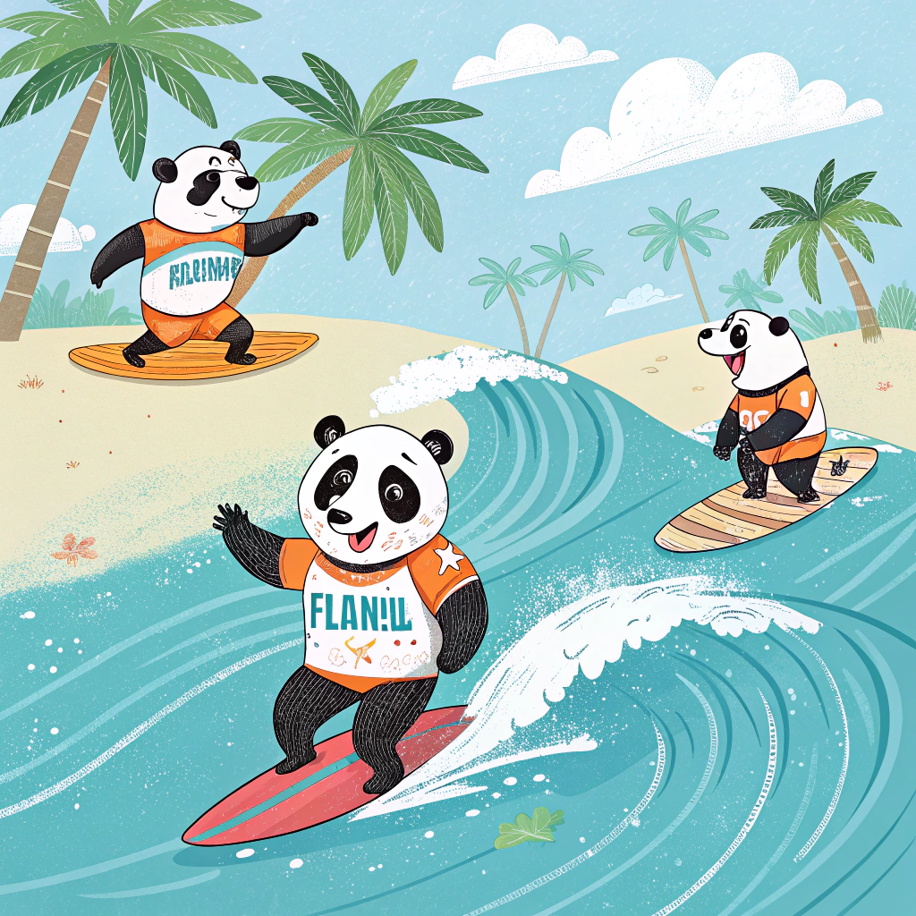 AI generated image by Red Panda AI: Cria imagens de um pandas de camisa Florida surfando numa praia do Havaí