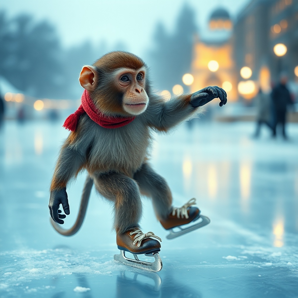 AI generated image by FLUX.1-schnell: a monkey ice skating